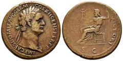 Roman Imperial Domitian. Sestertius. 95-96 AD. Rome. (Ric-II 2, 794). (Bmcre-474). Anv.: IMP CAES DOMIT AVG GERM COS XVII CENS PER P P, laureate head to right. Rev.: IOVI VICTORI, Jupiter seated to le