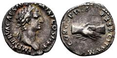 Roman Imperial Nerva. Denarius. 96 AD. Rome. (Ric-II 2). (Bmcre-6). (Rsc-16). Anv.: IMP NERVA CAES AVG P M TR P COS II P P, laureate head to right. Rev.: CONCORDIA EXERCITVVM, clasped hands . Ag. 3,12