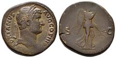 Roman Imperial Hadrian. Sestertius. 134-138 AD. Rome. (Ric-779). (C-1374). (Bmcre-1549). Anv.: HADRIANVS AVG COS III P P, laureate head right. Rev.: Nemesis advancing to right, holding out fold of dre