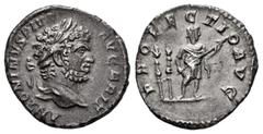 Roman Imperial Caracalla. Denarius. 213 AD. Rome. (Ric-225). Rev.: PROFECTIO AVG, Caracalla standing right with spear, two standards behind. Ag. 3,00 g. Choice VF. Est...60,00. SPANISH DESCRIPTION: Ca