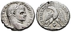 Roman Imperial Caracalla. Tyre. Tetradrachm. 213-217 AD. Phoenicia. (Prieur-1548). Anv.: AVT KAI ANTѠNINOC CЄ, laureate bust right with drapery on far shoulder. Rev.: ΔHMAPX ЄΞ YΠATOCTO Δ, eagle stand