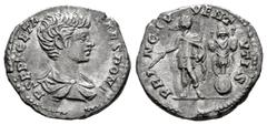 Roman Imperial Geta. Denarius. 200-202 AD. Rome. (Ric-18). (Bmcre-234-239). (Rsc-157b). Anv.: P SEPT GETA CAES PONT, bare-headed and draped bust to right. Rev.: PRINC IVVENTVTIS, Geta standing facing,