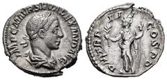 Roman Imperial Severus Alexander. Denarius. 224 AD. Rome. (Ric-40). Rev.: P M TR P III COS P P, Pax standing facing, head left, with olive branch in right hand and grounded scepter in left. Ag. 2,87 g