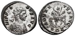 Roman Imperial Probus. Antoninianus. 277-279 AD. Rome. (Ric-155). Rev.: ADVENTVS AVG. Probo on horseback with sceptre and raised hand, and with captive at his feet, below thunderbolt between R-Z. Ae. 