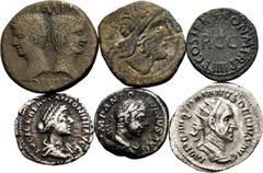Large Lots Lot of 6 coins from the Roman Empire. Variety of emperors as Republican Semis, Augustus and Agrippa (Nimes), Caligula, Philip I, Lucilla and Heliogabalus. Different values. Ae / Ag. TO EXAM