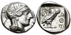 Greek Coins Attica. Tetradrachm. 454-404 BC. Athens. (Gc-2526). (Sng Cop-31). Anv.: Head of Athena right, wearing crested Attic helmet ornamented with three olive leaves above visor and spiral palmett