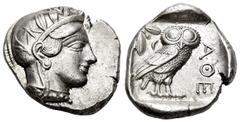 Greek Coins Attica. Tetradrachm. 454-404 BC. Athens. (Gc-2526). (Sng Cop-31). Anv.: Head of Athena right, wearing crested Attic helmet ornamented with three olive leaves above visor and spiral palmett