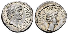Roman Imperatorial Mark Antony and Octavian. Denarius. 43-42 BC. mint moving with M. Antony. (Craw-528/2b). (Sydenham-1193a). (C-1 var). Anv.: M·ANTON·IMP·AVG·III·VIR·R·P·C Head of M. Antonius right. 
