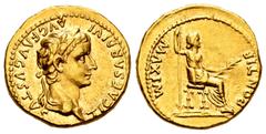 Roman Imperial Tiberius. Aureus. 14-37 AD. Lugdunum. (Ric-27 var). (Cal-305). (Ch-15). Anv.: TI CAESAR DIVI AVG F AVGVSTVS Laureate head right. Rev.: PONTIF MAXIM Pax-Livia figure seated r. on chair w
