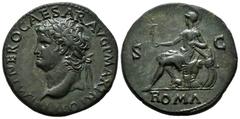 Roman Imperial Nero. Sestertius. 67 AD. Lugdunum. (Ric-I 592). (C-265). Anv.: IMP NERO CAESAR AVG P MAX TR P P P, laureate head to left, globe at point of bust. Rev.: Roma to seated left on cuirass, h