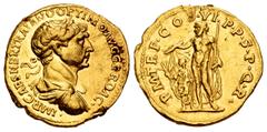 Roman Imperial Trajan. Aureus. 114-115 AD. Rome. (Ric-336 var). (Cal-1065). (Bmcre-533). Anv.: IMP CAES NER TRAIANO OPTIMO AVG GER DAC, laureate, draped and cuirassed bust right. Rev.: P M TR P COS VI