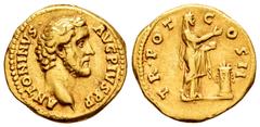 Roman Imperial Antoninus Pius. Aureus. 239 AD. Rome. (Ric-52b). (Cal-1647). Anv.: ANTONINVS AVG PIVS P P. Bare head to right. Rev.: TR POT COS II. Pietas standing right, with patera sacrificing on ill
