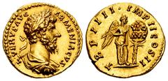 Roman Imperial Lucius Verus. Aureus. 164 AD. Rome. (Ric M. Aurelius-525). (Cal-2177, same dies). (Ch-247 var). Anv.: L VERVS AVG ARMENIACVS. Draped and laureate bust right. Rev.: TR P IIII · IMP II CO