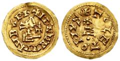 Visigothic Coins Wamba (672-680). Tremissis. Toleto (Toledo). (Cnv-476.2). (R. Pliego-618a). Anv.: + I • D • N • M • N VVΛMBΛ PX. Rev.: + TOLETOPIVS. Au. 1,38 g. Slight wavy flan. Rare. XF. Est...2200