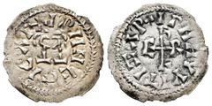 Visigothic Coins Egica and Witiza (698-702). Tremissis. Eliberri (Granada). (R. Pliego-739a). (Cnv-565.2). Anv.: + IPNMEGICAP. busts of Egica and Wittiza. Rev.: IPNNVVITIZAP. Monogram ELBR. Ag. 0,93 g