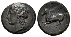 Greek Coins Sicily. Syracuse. Litra. 344-317 BC. Times of Agathokles. (S-1199). Anv.: laureate head of Apollo left, amphora to right. Rev.: Pegasios flying to the left, above monogram, below ΣYPAKOΣIΩ