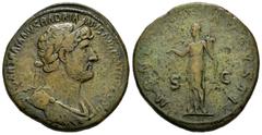Roman Imperial Hadrian. Sestertius. 119-120 AD. Rome. (Ric-586c). (Bmc-1196). Anv.: IMP CAESAR TRAIANVS HADRIANVS AVG P M TR P COS III, laureate and draped bust rights . Rev.: MONE(TA) AVGVSTI, Moneta