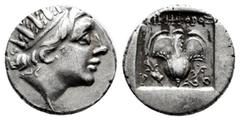 Greek Coins Caria. Rhodes. Drachm. 88-84 BC. Lysimachos magistrate. (Jenkins-Grupo E). (Hgc-6, 1461). Anv.: Radiate head of Helios right. Rev.: Rose with bud to right; ΛΥΣΙΜΑΧΟΣ above, P-O across fiel