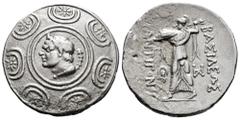 Greek Coins Kingdom of Macedon. Antigonos II Gonatas. Tetradrachm. 274/1-260/55 BC. Amphipolis. (Touratsoglou-25/40). (Sng Cop-1199). (Pozzi-2037). Anv.: Horned head of Pan to left, lagobolon over sho