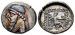 Greek Coins Kingdom of Parthia. Mithradates II. Drachm. 109-96/5 BC. Rhagai. (Sellwood-27,1). (Shore-85). (Sunrise-293). Anv.: Diademed and draped bust to left. Rev.: ΒΑΣΙΛΕΩΣ ΒΑΣΙΛΕΩN ΜΕΓΑΛΟY ΑΡΣΑΚΟY