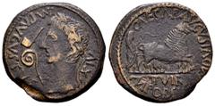 Celtiberian Coins Caesaraugusta. Augustus period. Unit. 27 BC - 14 AD. Zaragoza. (Abh-324). (Acip-3038). Anv.: IMP. AVGVSTVS. XIV. Laureate head of Augustus left, lituus and simpulum before. Rev.: Pai