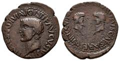 Celtiberian Coins Carthage Nova. Time of Tiberius. Half unit. 14-36 AD. Cartagena (Murcia). (Abh-607). Anv.: TI. CAESAR. DLVI. AVGVSTI. F. AVGVSTVS. P. M. Bare head of Tiberius left. Rev.: Heads of Ne