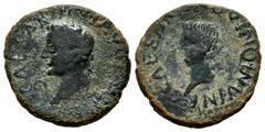 Celtiberian Coins Carthage Nova. Time of Tiberius. Half unit. 14-36 AD. Cartagena (Murcia). (Abh-608). (Acip-3153). Anv.: Laureate head of Tiberius left, lituus before. Rev.: Head of Caligula left. Ae