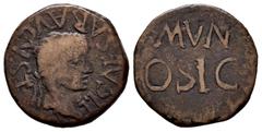 Celtiberian Coins Osicerda. Time of Tiberius. Half unit. 14-36 AC. (Abh-1960). Anv.: TI. CAESAR. AVGVST. around laureate head of Tiberius right. Rev.: In the center, MVN. OSIC. Ae. 5,33 g. Very scarce
