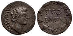 Celtiberian Coins Segobriga. Time of Tiberius. Half unit. 14-36 AD. Saelices (Cuenca). (Abh-2190). (Acip-3245). Anv.: TI. CAESAR. DIVI. AVG. F. AVGVS. F. IMP. around bare head of Tiberius right. Rev.: