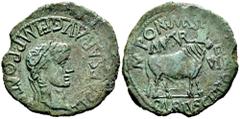 Celtiberian Coins Turiaso. Augustus period. Unit. 27 BC - 14 AD. Tarazona (Zaragoza). (Abh-2450). (Acip-3291). Anv.: TI. CAESAR. AVG F. IMP. PONT. M. around laureate head of Tiberius right. Rev.: Bull