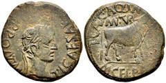 Celtiberian Coins Turiaso. Augustus period. Unit. 27 BC - 14 AD. Tarazona (Zaragoza). (Abh-2454). Anv.: TI. CAESAR. (AVG. F. IM)P. PONT. M. around laureate head of Tiberius right. Rev.: Bull right, L.