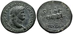 Roman Imperial Nero. Sestertius. 64 AD. Rome. (Ric-168). Anv.: NERO CLAVD CAESAR AVG GER P M TR P IMP P P, laureate bust right. Rev.: Nero, bareheaded, cuirassed and with cloak floating free, prancing
