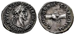 Roman Imperial Nerva. Denarius. 96 AD. Rome. (Ric-II 2). (Bmcre-6). (Rsc-16). Anv.: IMP NERVA CAES AVG P M TR P COS II P P, laureate head to right. Rev.: CONCORDIA EXERCITVVM, clasped hands . Ag. 3,40