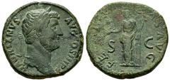 Roman Imperial Hadrian. Sestertius. 134-138 AD. Rome. (Spink-3595). (Ric-750). Rev.: FELICITAS AVG SC: Felicitas standing to left, holding branch and long caduceus. Ae. 25,62 g. VF/Almost VF. Est...18