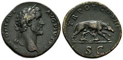 Roman Imperial Antoninus Pius. Sestertius. 140-144 AD. Rome. (Ric-648). (Bmcre-1318). Anv.: ANTONINVS AVG PIVS P P, laureate head to right. Rev.: TR POT COS III, she-wolf standing to right, suckling t