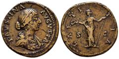 Roman Imperial Faustina Junior. Sestertius. 161-164 AD. Rome. (Ric-1654). (Bmcre-924). (C-149). Anv.: FAVSTINA AVGVSTA Draped bust right, hair decorated with circlet of pearls . Rev.: LAETITIA. Laetit