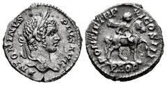 Roman Imperial Caracalla. Denarius. 208 AD. Rome. (Spink-6874). (Ric-107). (Seaby-511). Rev.: PONTIF TR P XI COS III / PROF. Caracalla on horseback right, holding spear. Ag. 2,68 g. Scarce. Choice VF.