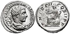 Roman Imperial Elagabalus. Antoninianus. 219 AD. Rome. (Spink-Unlisted). (Ric-12). (Seaby-138). Rev.: P M TR P II COS II P P. Roma seated left holding Victory and spear. Ag. 5,17 g. Almost XF. Est...5