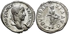 Roman Imperial Severus Alexander. Denarius. 228-231 AD. Rome. (Ric-184). Anv.: IMP SEV ALEXAND AVG, laureate bust right, drapery on far shoulder. Rev.: ABUNDANTIA AVG, Abundantia standing right, empty