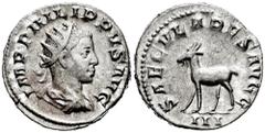 Roman Imperial Philip I. Antoninianus. 248 AD. Rome. (Spink-8959). (Ric-21). (Seaby-189). Rev.: SAECVLARES AVGG. Antelope walking left. Ag. 5,39 g. Choice VF/Almost XF. Est...50,00. Spanish Descriptio
