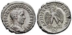 Roman Imperial Philip I. Seleucis and Pieria. Tetradrachm. 248 AD. Antioch. (Prieur-371). Anv.: AYTOK K M IOYΛI ΦIΛIΠΠOC CEB, laureate, draped & cuirassed bust right. Rev.: ΔHMAPX ΕΞOYXIAX YΠATOΓ, eag