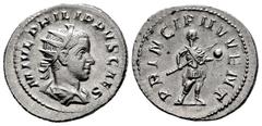Roman Imperial Philip II. Antoninianus. 245-246 AD. Rome. (Spink-9242). (Ric-21c). (Seaby-54). Rev.: PRINCIPI IVVENT. Filipo II en pie a derecha con uniforme militar, lanza y globo. Ag. 3,85 g. XF. Es