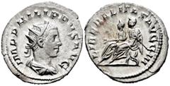 Roman Imperial Philip II. Antoninianus. 247 AD. Rome. (Spink-9265). (Ric-230). (Seaby-17). Rev.: LIBERALITAS AVGG III. Philip I and Philip II seated left on curule chairs. Ag. 3,69 g. XF. Est...70,00.