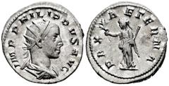 Roman Imperial Philip II. Antoninianus. 247 AD. Rome. (Spink-9266). (Ric-231c). (Seaby-23). Rev.: PAX AETERNA. Pax standing with scepter and branch. Ag. 3,62 g. Almost XF. Est...45,00. Spanish Descrip