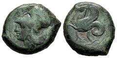 Greek Coins Sicily. Time of Dionysios I. Hemilitron. 405-367 BC. (Sng Ans-434/46). (Hgc-2, 1456). Anv.: Head of Athena to left, wearing laureate Corinthian helmet; ΣΥΡΑ inverted above. Rev.: Bridled h