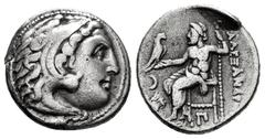 Greek Coins Thrace. Lysimachos. Drachm. 305-281 BC. Kolophon. (Price-1812). (Müller-338). Rev.: Zeus Aëtophoros seated to left, holding sceptre; AΛΕΞΑΝΔΡΟΥ to right, crescent over lion's head to left 