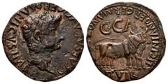 Celtiberian Coins Caesaraugusta. Time of Caligula. Unit. 37-41 AD. Zaragoza. (Abh-390). Anv.: G. CAESAR. AVG. GERMANICVS. IMP. Laureate head of Caligula right. Rev.: Pair of oxen right, C. C. A. above