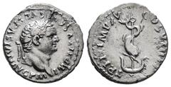 Roman Imperial Titus. Denarius. 80 AD. Rome. (Ric-II2. 112). (Bmcre-72). (Rsc-309). Anv.: IMP TITVS CAES VESPASIAN AVG P M, laureate head right. Rev.: TR P IX IMP XV COS VIII P P, dolphin coiled aroun