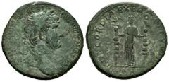 Roman Imperial Hadrian. Sestertius. 123 AD. Rome. (Spink-2582). (Ric-581a). Rev.: Concordia between standard. Ae. 22,96 g. F/Choice F. Est...140,00. Spanish Description: Adriano. Sestercio. 123 d.C. R
