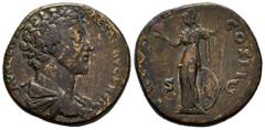 Roman Imperial Marcus Aurelius. Sestertius. 154-155 AD. Rome. (Ric-III 1321). (Bmcre-1982). (C-678). Anv.: AVRELIVS CAESAR AVG PII FIL, bare headed and draped bust to right. Rev.: TR PO(T VIIII) COS I